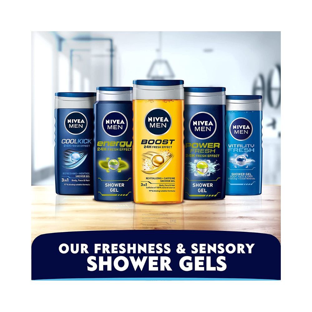 Nivea Men Body Wash, Cool Kick with Refreshing Icy Menthol, Shower Gel for Body, Face & Hair, 250 ml