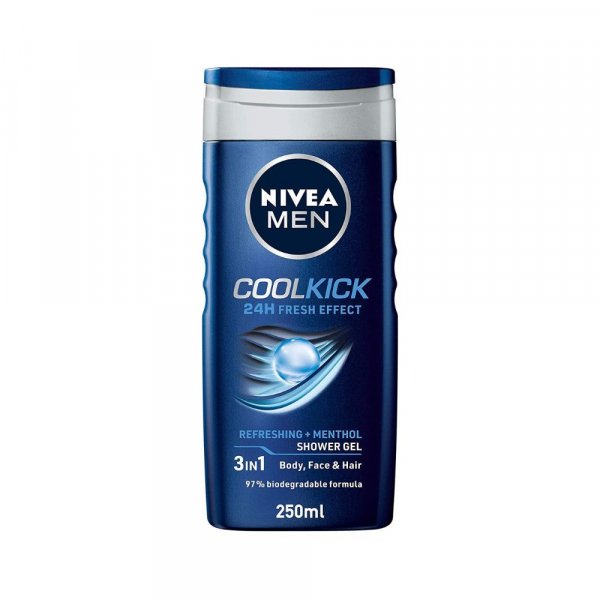 Nivea Men Body Wash, Cool Kick with Refreshing Icy Menthol, Shower Gel for Body, Face &amp; Hair, 250 ml
