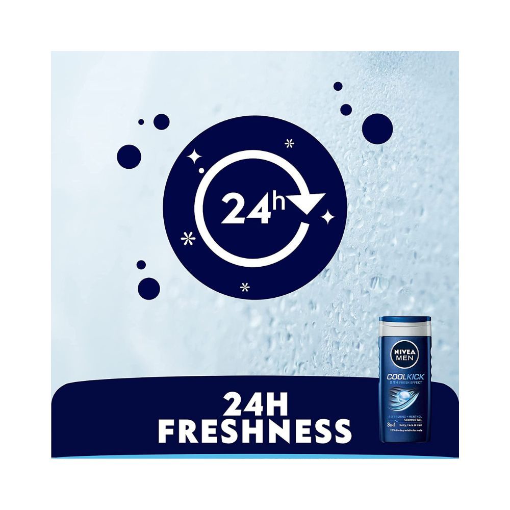 Nivea Men Body Wash, Cool Kick with Refreshing Icy Menthol, Shower Gel for Body, Face & Hair, 250 ml