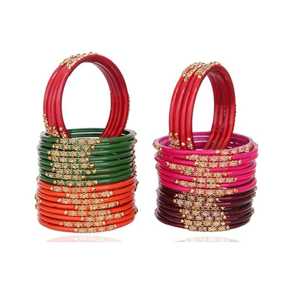 NMII Glass and Studded with Zircon Gemstone or Beads Glossy Finished Bangle set for Women and Girls