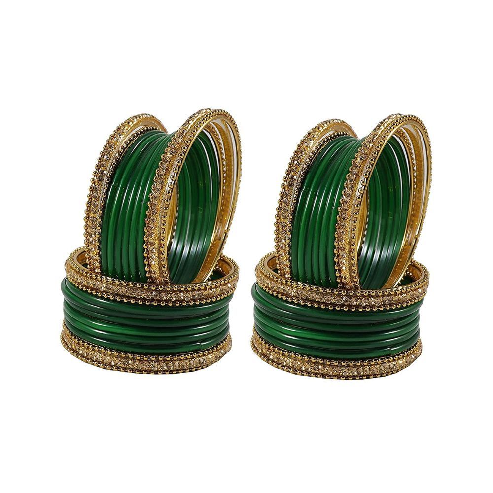 NMII Glass With Zircon Gemstone Studded Worked and Ball Chain Or Plane Gloosy Finished Bangles Set