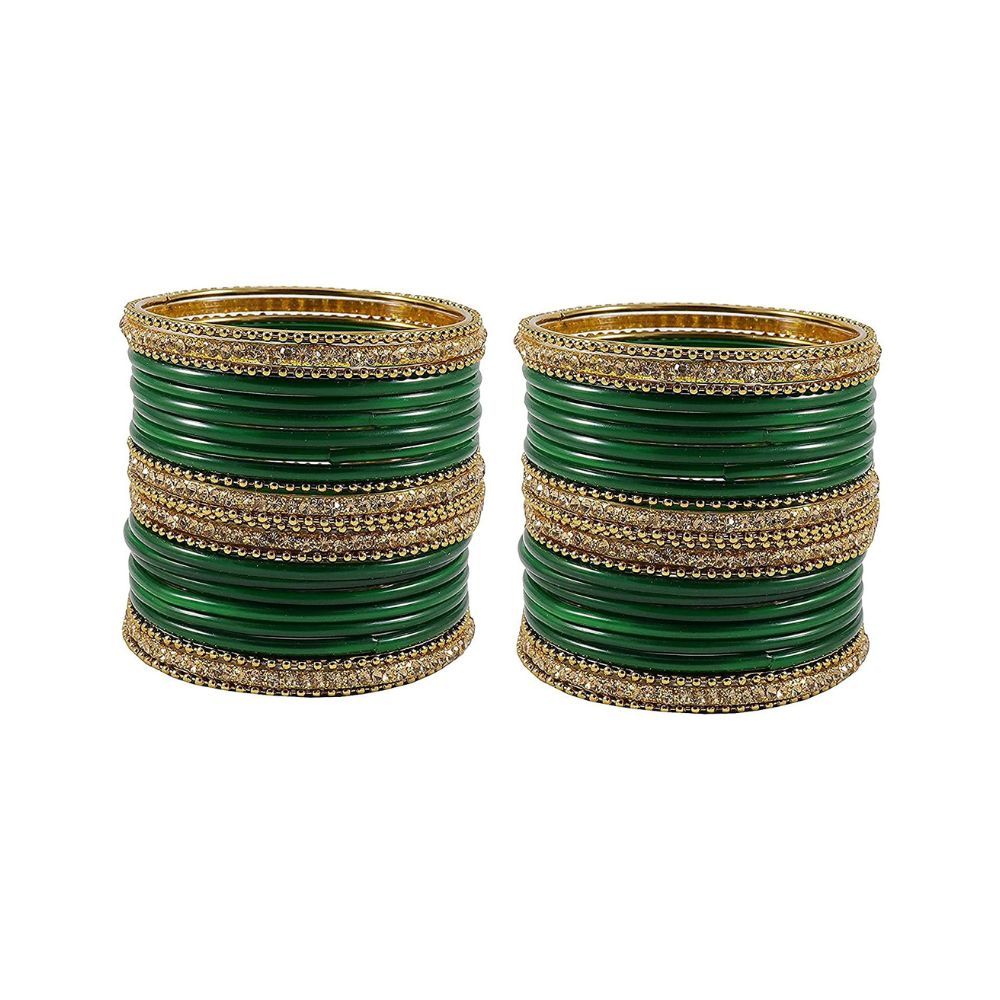 NMII Glass With Zircon Gemstone Studded Worked and Ball Chain Or Plane Gloosy Finished Bangles Set