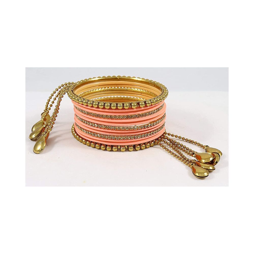 NMII Metal Base Metal Zircon Gemstone Studded Matte and Glossy Finished BallChain Linked Latkan Bangle set