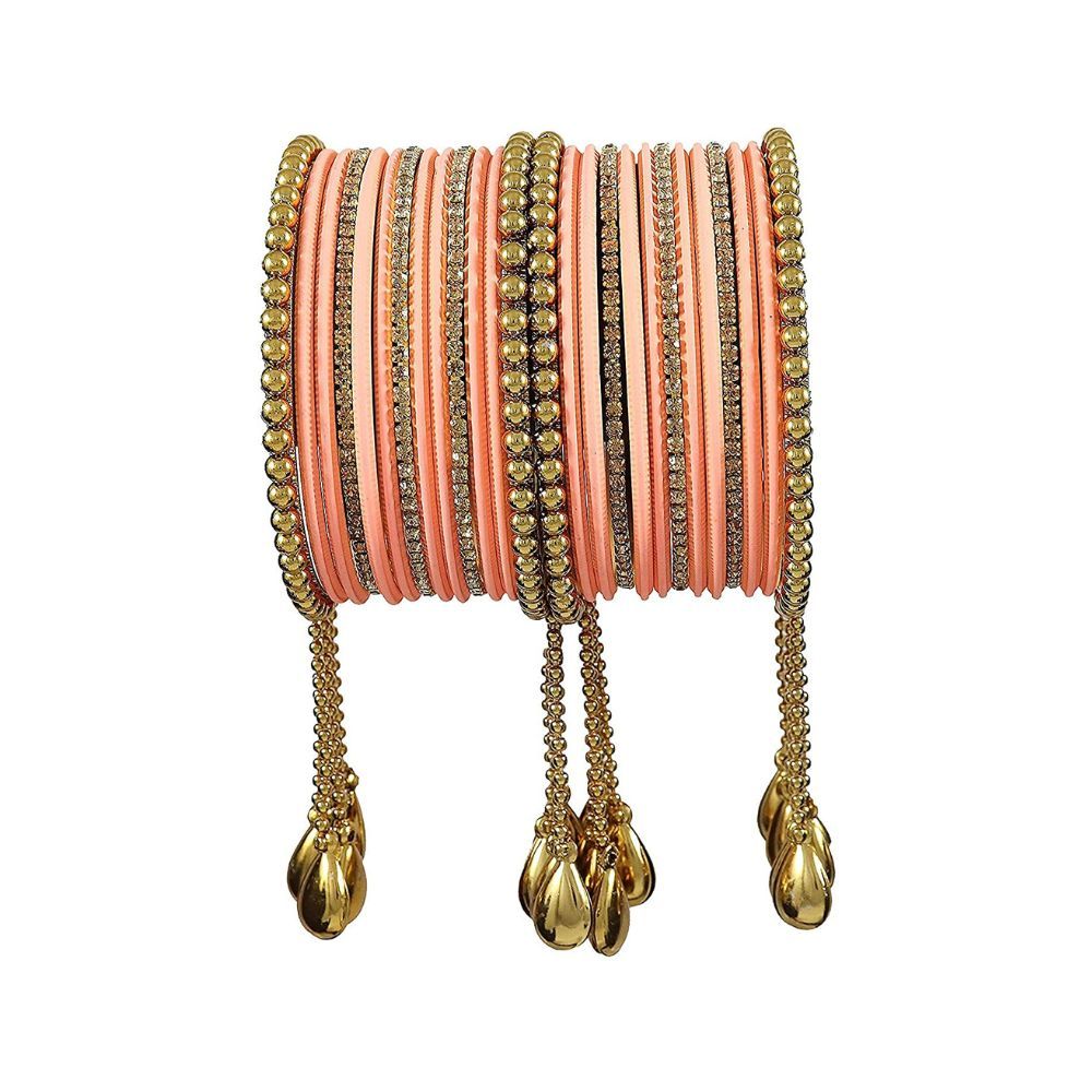 NMII Metal Base Metal Zircon Gemstone Studded Matte and Glossy Finished BallChain Linked Latkan Bangle set