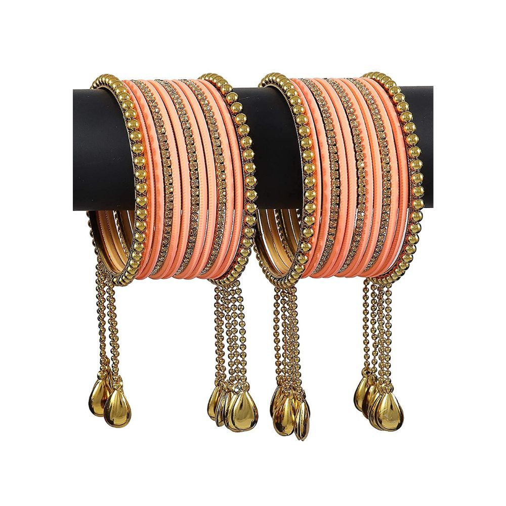 NMII Metal Base Metal Zircon Gemstone Studded Matte and Glossy Finished BallChain Linked Latkan Bangle set