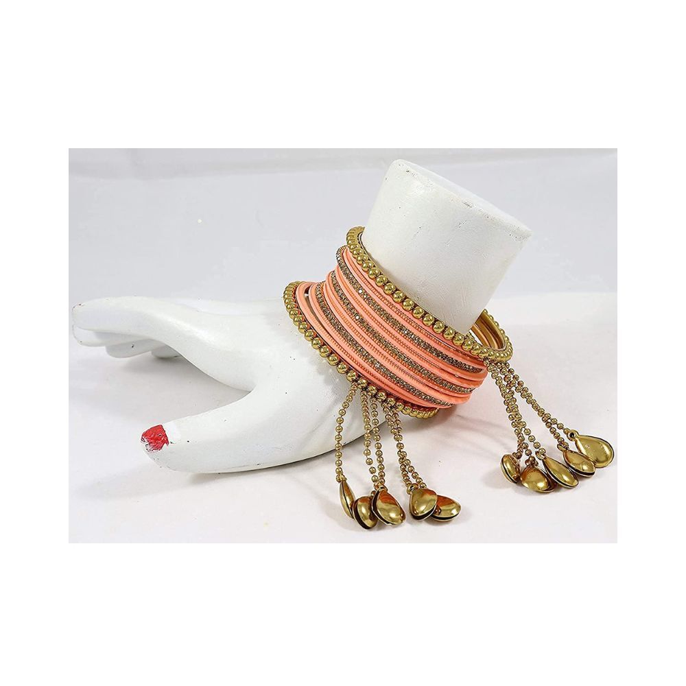 NMII Metal Base Metal Zircon Gemstone Studded Matte and Glossy Finished BallChain Linked Latkan Bangle set