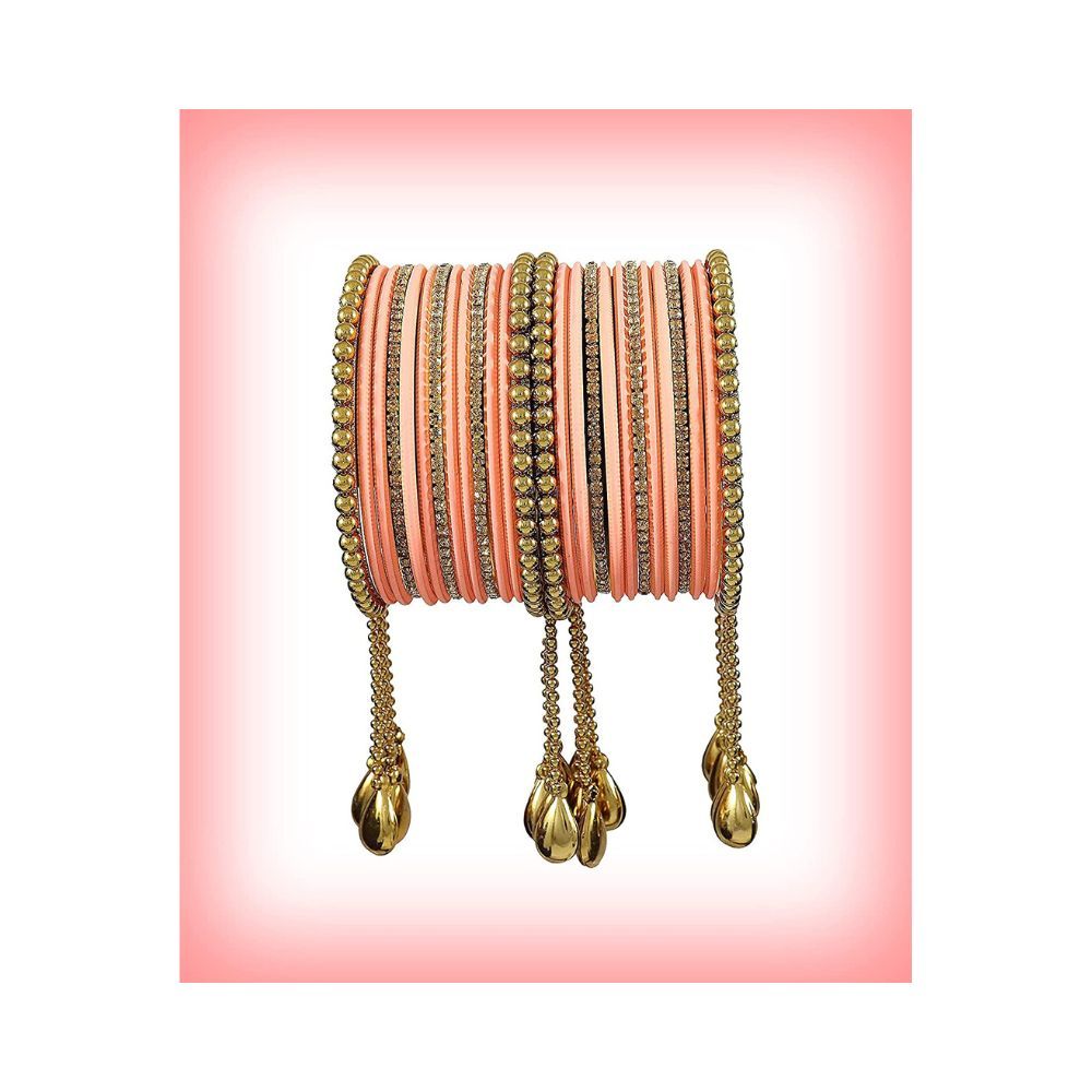 NMII Metal Base Metal Zircon Gemstone Studded Matte and Glossy Finished BallChain Linked Latkan Bangle set