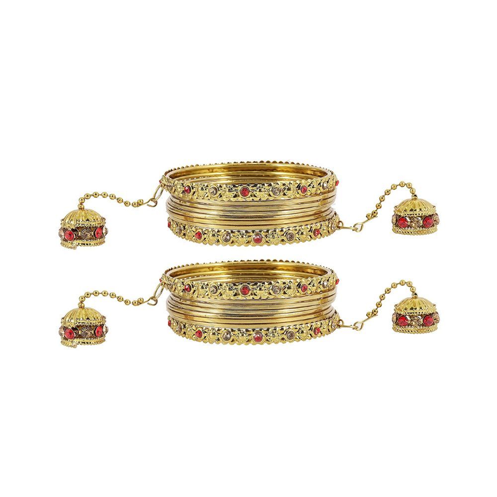 NMII Non-Precious Metal Base Metal with Zircon Gemstone Studded worked Plain and Glossy Finished Bangle Set