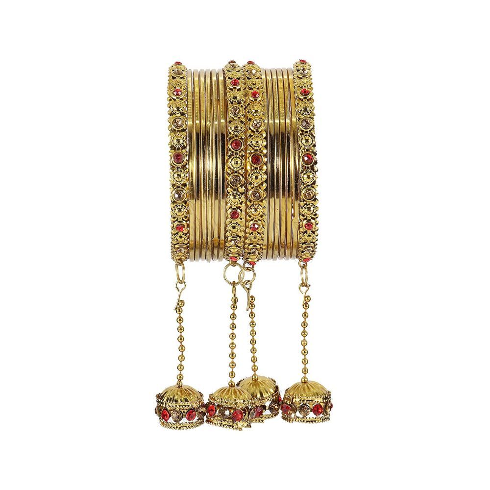 NMII Non-Precious Metal Base Metal with Zircon Gemstone Studded worked Plain and Glossy Finished Bangle Set