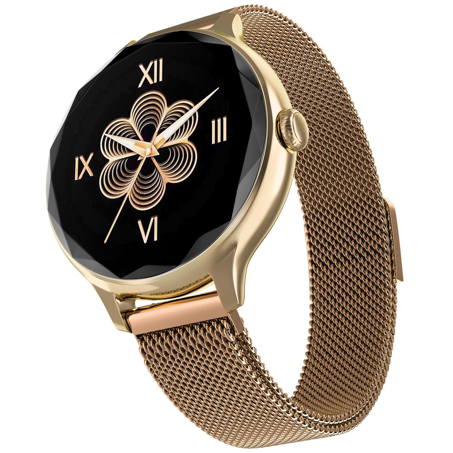 Noise Diva Smartwatch with Diamond Cut dial Glossy Metallic Finish AMOLED Display Mesh Metal and Leather Strap Options 100 Watch Faces Female Cycle Tracker Smart Watch for Women Gold Link