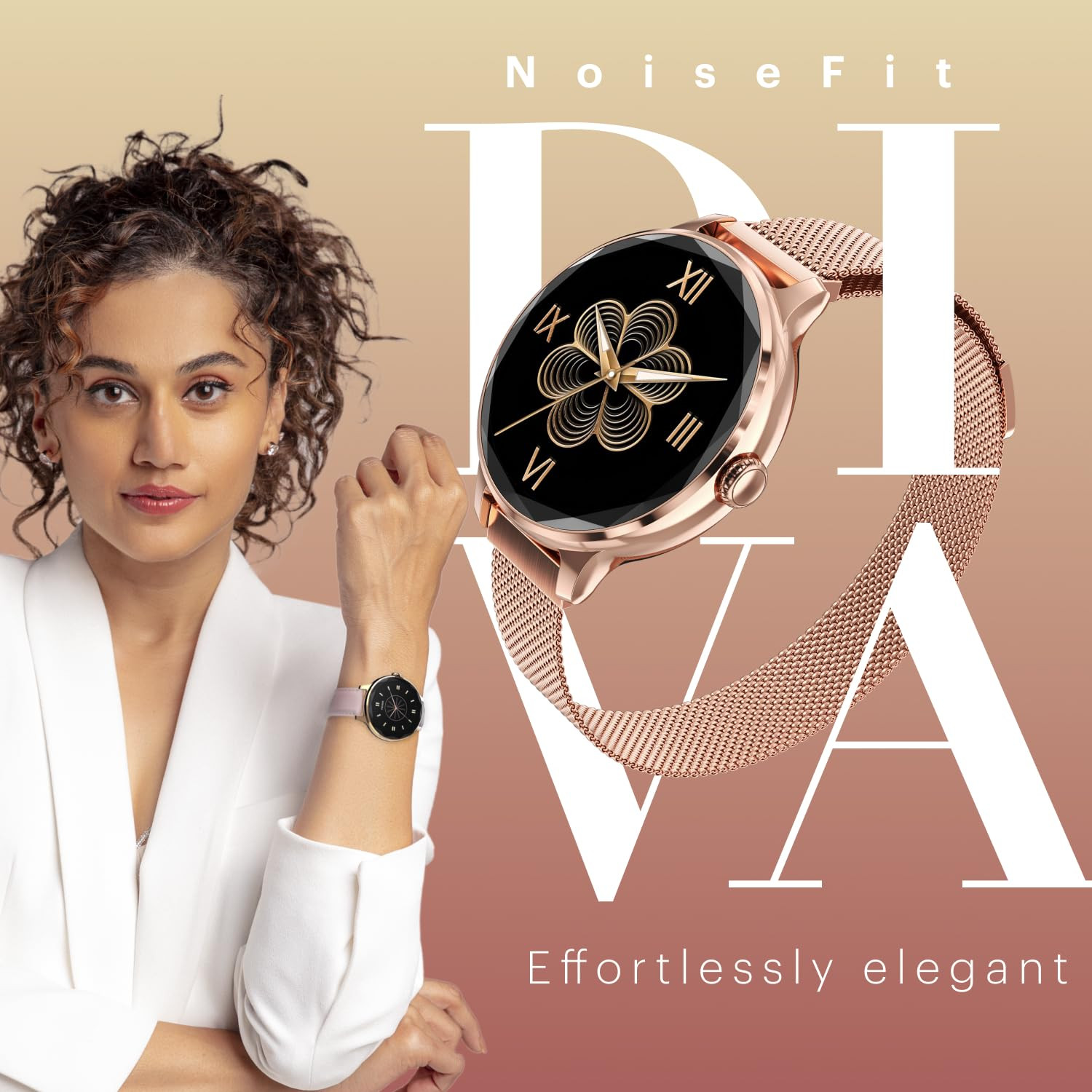 Noise Diva Smartwatch with Diamond Cut dial Glossy Metallic Finish AMOLED Display Mesh Metal and Leather Strap Options 100 Watch Faces Female Cycle Tracker Smart Watch for Women Gold Link