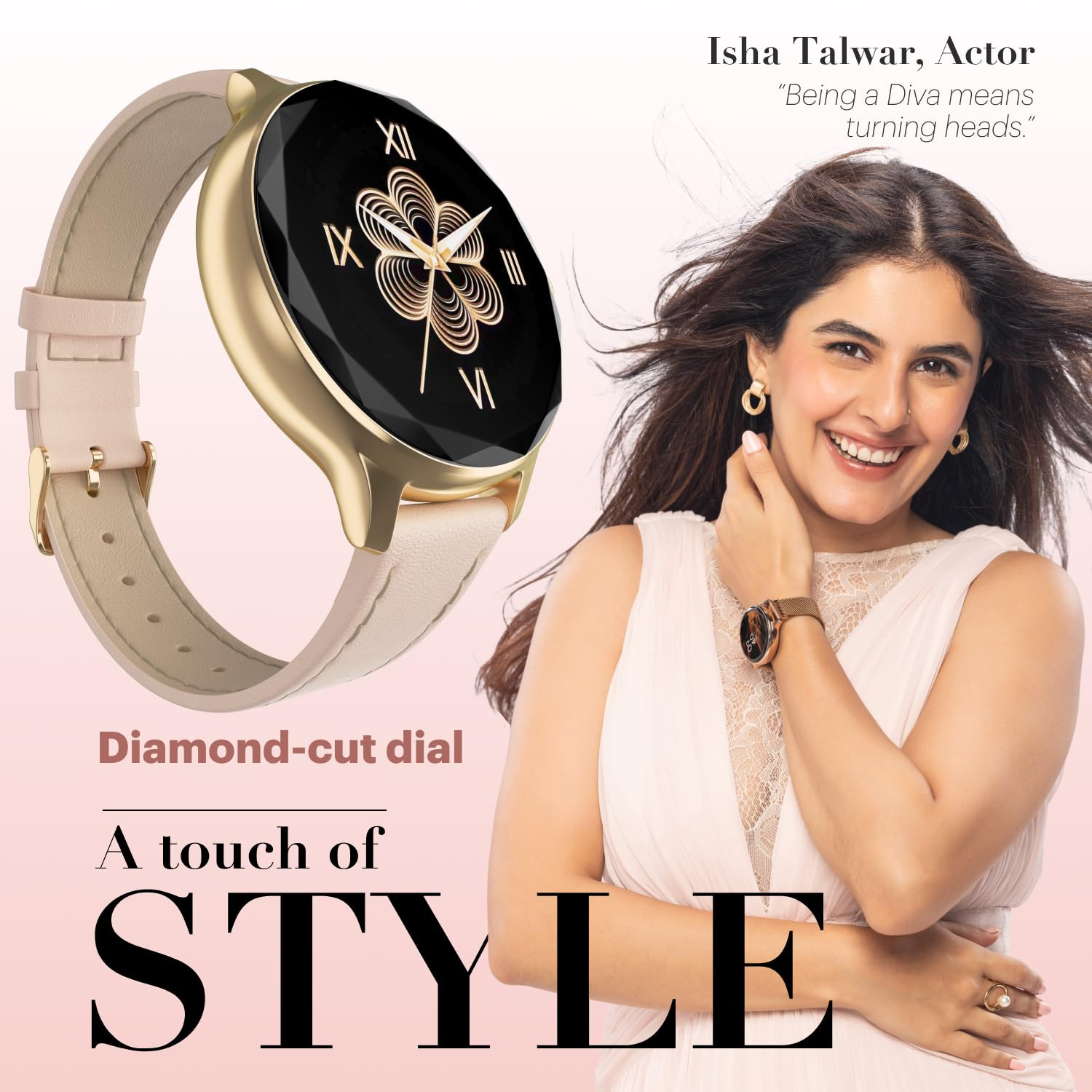 Noise Diva Smartwatch with Diamond Cut dial Glossy Metallic Finish AMOLED Display Mesh Metal and Leather Strap Options 100 Watch Faces Female Cycle Tracker Smart Watch for Women Gold Link