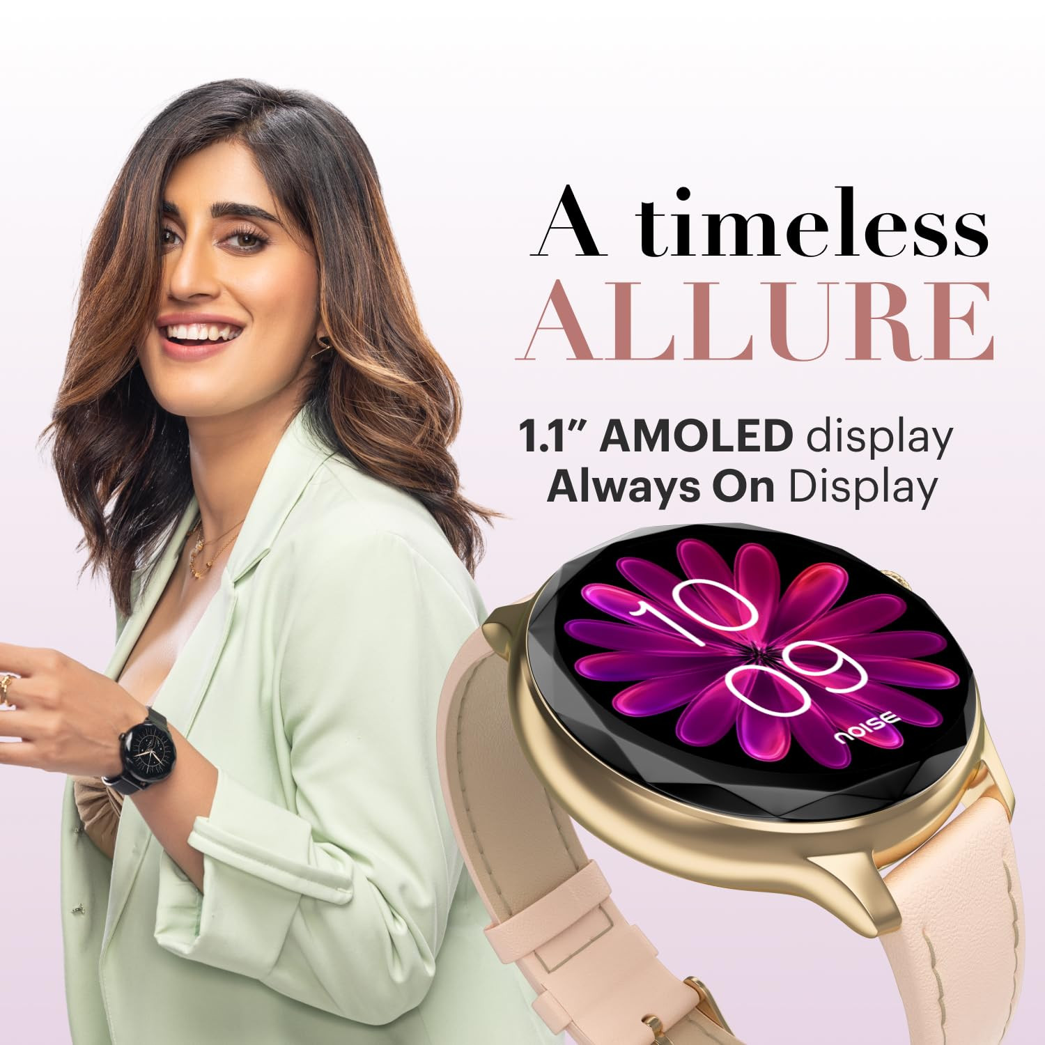 Noise Diva Smartwatch with Diamond Cut dial Glossy Metallic Finish AMOLED Display Mesh Metal and Leather Strap Options 100 Watch Faces Female Cycle Tracker Smart Watch for Women Gold Link