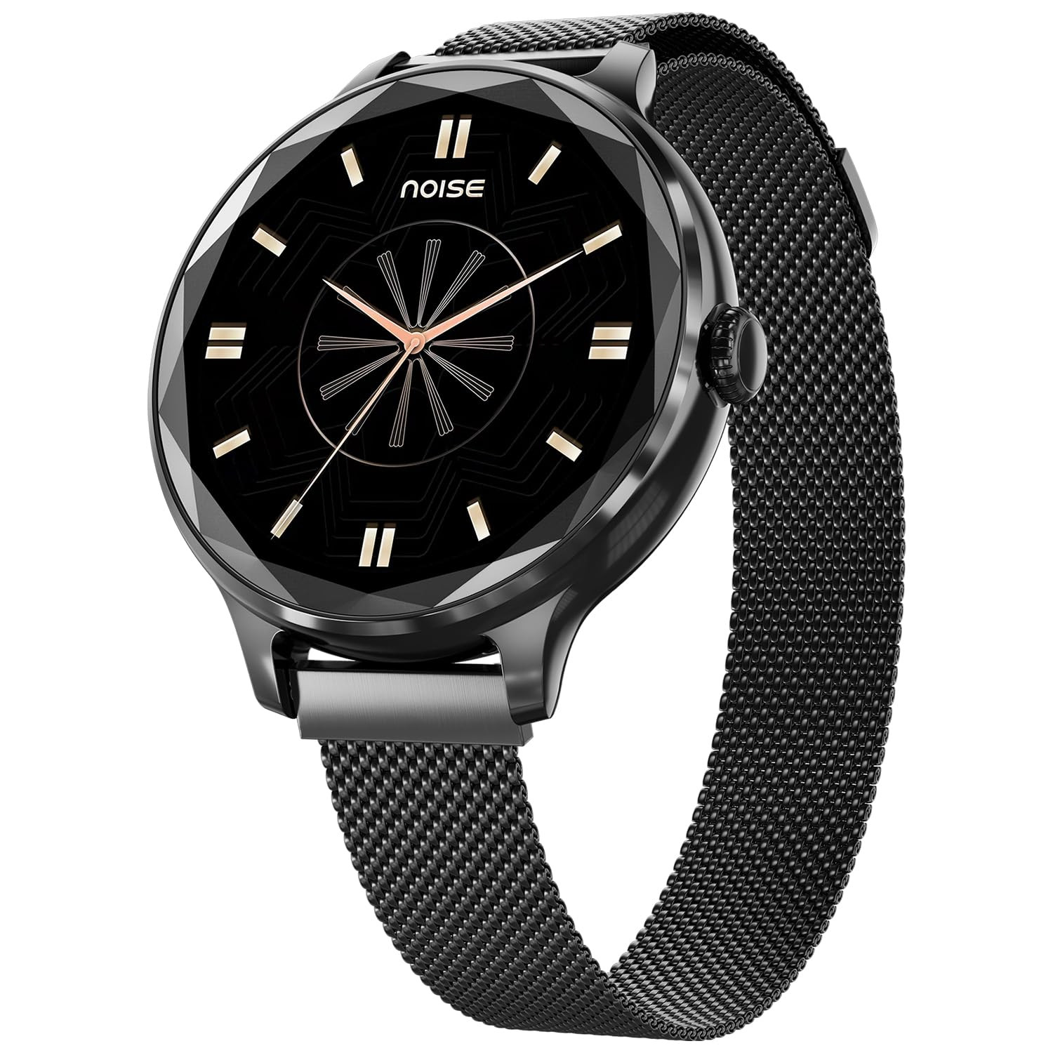 Noise Diva Smartwatch with Diamond Cut dial Glossy Metallic Finish AMOLED Display Mesh Metal and Leather Strap Options 100 Watch Faces Female Cycle Tracker Smart Watch for Women Black Link
