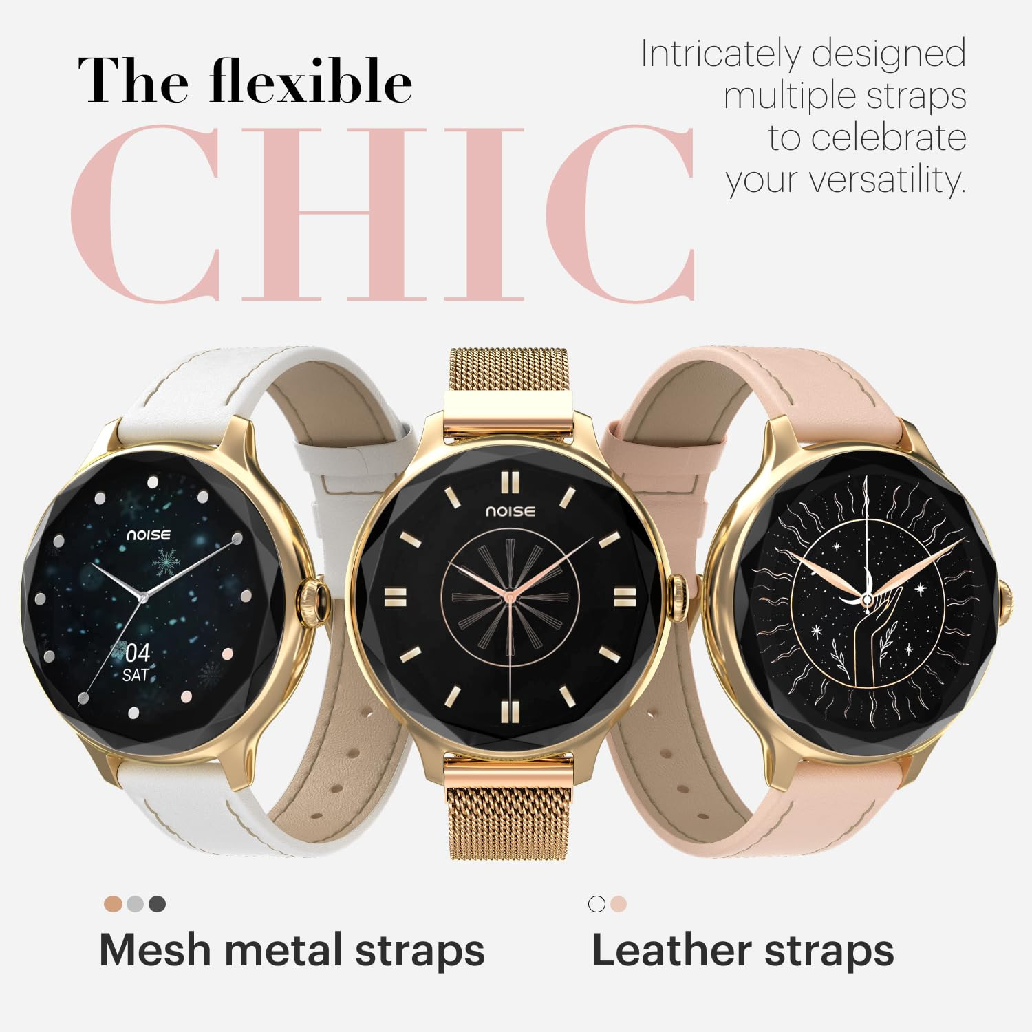 Noise Diva Smartwatch with Diamond Cut dial Glossy Metallic Finish AMOLED Display Mesh Metal and Leather Strap Options 100 Watch Faces Female Cycle Tracker Smart Watch for Women Black Link