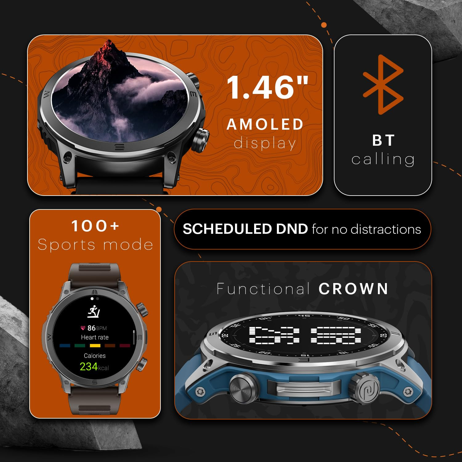 Noise Endeavour Rugged Design 146 AMOLED Display Smart Watch BT Calling SoS Feature Rapid Health  100 Sports Modes- Jet Black