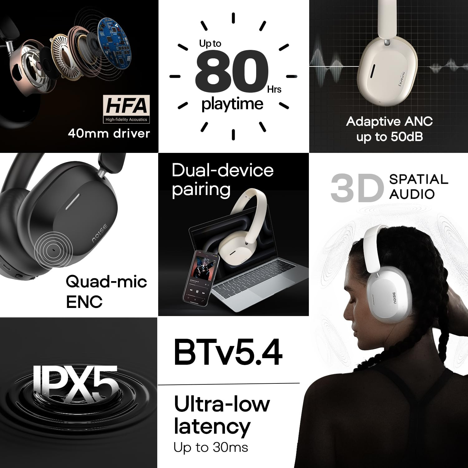 Noise Newly Launched Airwave Max 5 Wireless Over Ear Headphones with Adaptive Hybrid ANC up to 50dB HFA Tech 80H Playtime Dual PairingCalm Beige
