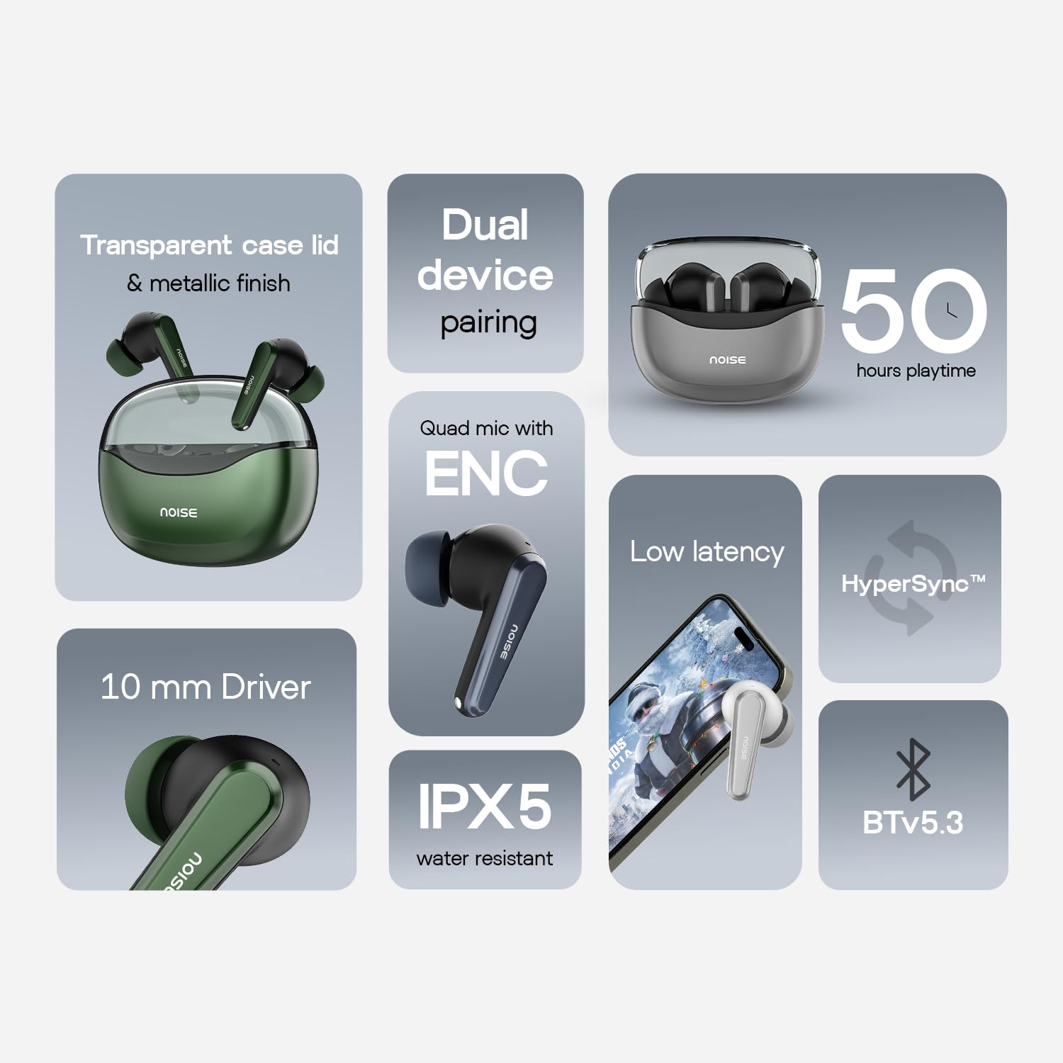 Noise Newly Launched Buds VS601 in Ear Truly Wireless Earbuds with 50H of Playtime Transparent Case Lid Quad Mic ENC Dual Device Pairing 10Mm Driver BT V53 Graphite Black