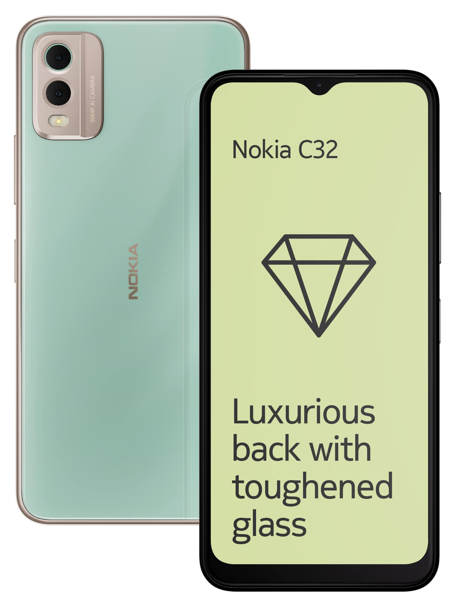 Nokia C32 with 50MP Dual Rear AI Camera  3-Day Battery Life  Toughened Glass Back  12GB RAM with Memory Extension 6GB RAM  6GB Virtual RAM  Android 13  Breezy Mint