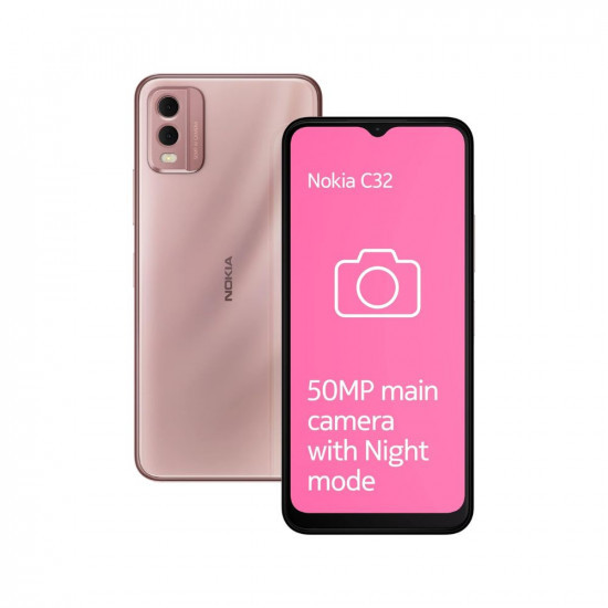 Nokia C32 with 50MP Dual Rear AI Camera | Toughened Glass Back | 4GB RAM, 128GB Storage | Upto 7GB RAM with RAM Extension | 5000 mAh Battery | 1 Year Replacement Warranty | Android 13 | Beach Pink