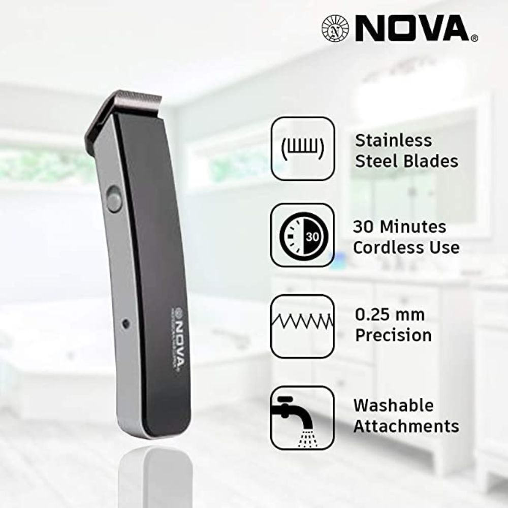 Nova NHT-1045 Rechargeable Cordless: 30 Minutes Runtime Beard Trimmer for Men (Black)