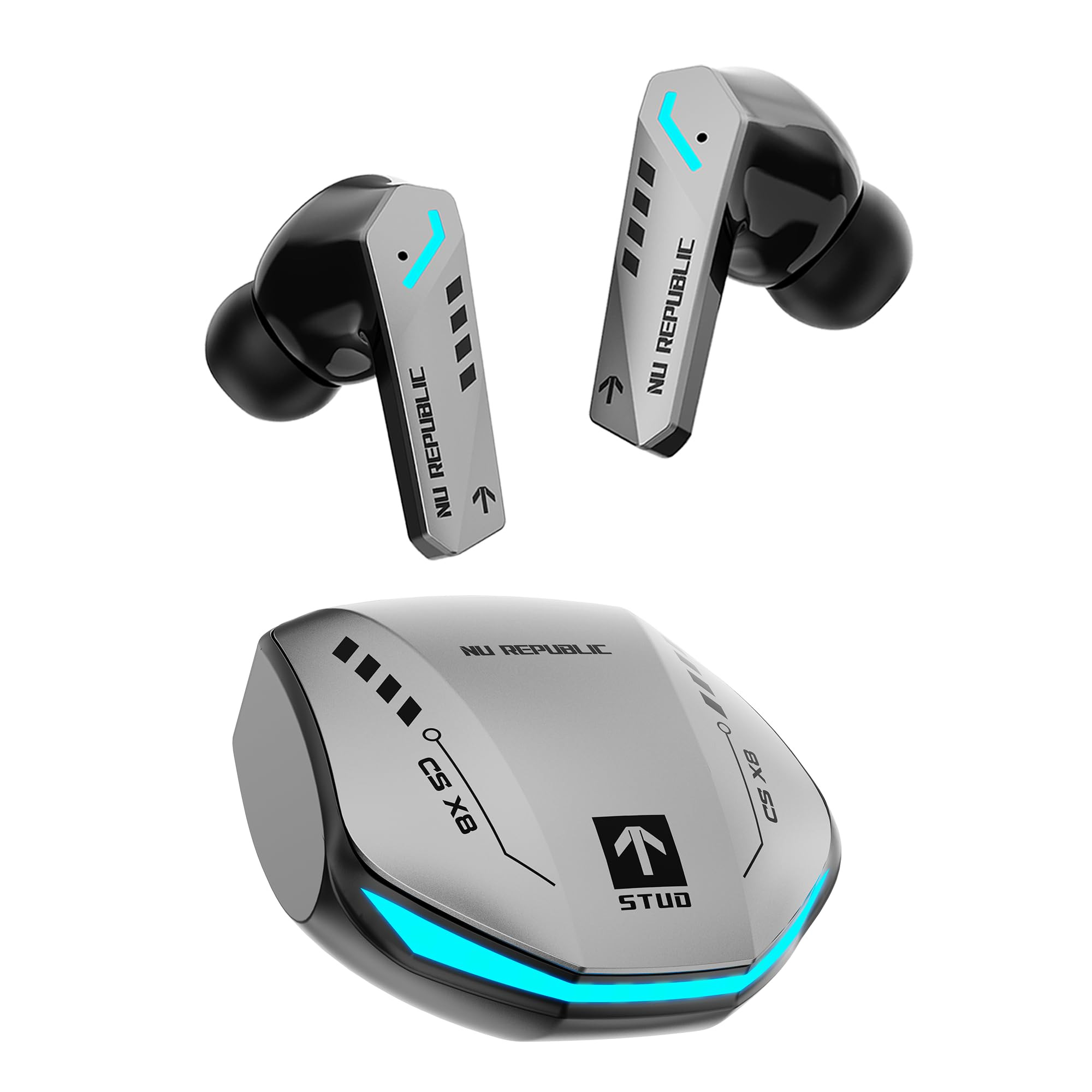 Nu Republic Cyberstud X8 TWS Wireless Earbuds - Up to 56Hrs Playtime 40ms Ultra Low Latency ENC Mics 13mm Neodymium Drivers XBass Technology Dual Mode for Gaming  Music Bluetooth 53 Silver