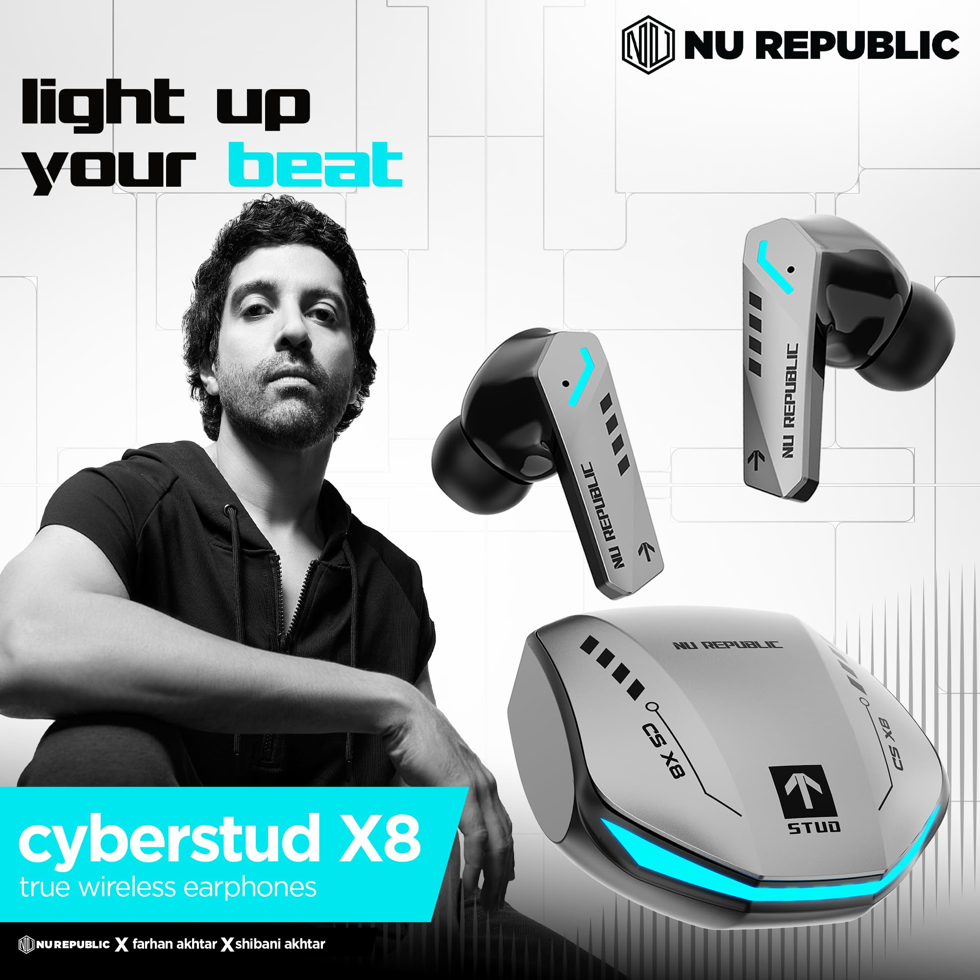 Nu Republic Cyberstud X8 TWS Wireless Earbuds - Up to 56Hrs Playtime 40ms Ultra Low Latency ENC Mics 13mm Neodymium Drivers XBass Technology Dual Mode for Gaming  Music Bluetooth 53 Silver