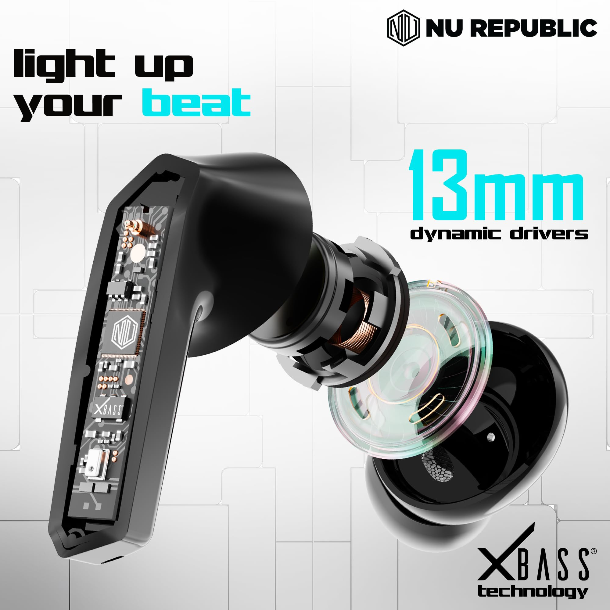 Nu Republic Cyberstud X8 TWS Wireless Earbuds - Up to 56Hrs Playtime 40ms Ultra Low Latency ENC Mics 13mm Neodymium Drivers XBass Technology Dual Mode for Gaming  Music Bluetooth 53 Silver