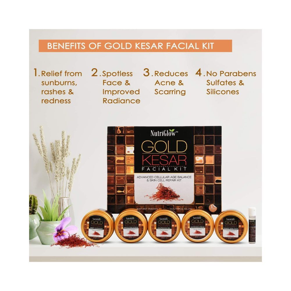 NutriGlow Gold Kesar Facial Kit for Women| 6-Pieces Skin Care/Skin Cleanup Set | 250g + 10ml