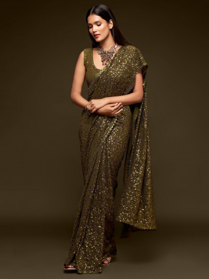 Olive Green Fully Sequined Georgette Party Wear Saree(Un-Stitched)