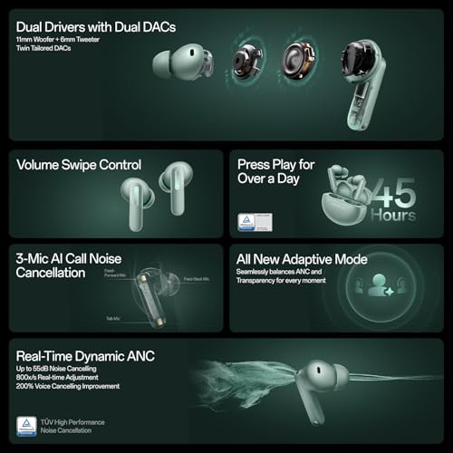 OnePlus Buds 4 TWS Earbuds with Upto 55dB Real-time ANCAdaptive ModeDual Drivers with Dual DACs3D AudioUpto 45hrs Music PlaybackDual-Device connectivity47ms Low LatencyStorm Gray