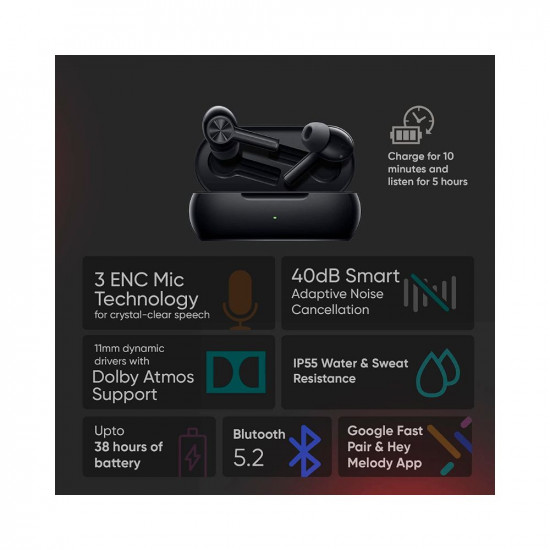 OnePlus Buds Z2 Bluetooth Truly Wireless in Ear Earbuds with mic, Active Noise Cancellation, 10 Minutes Flash Charge & Upto 38 Hours Battery (Obsidian Black)