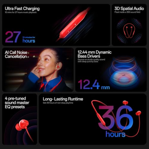 OnePlus Bullets Wireless Z3 in-Ear Neckband with 124mm Drivers 3D Spatial Audio10 mins Charge for 27 hrs Playback AI Call Noise Cancellation 4 EQ preset Dynamic bass Enhancement  BT54