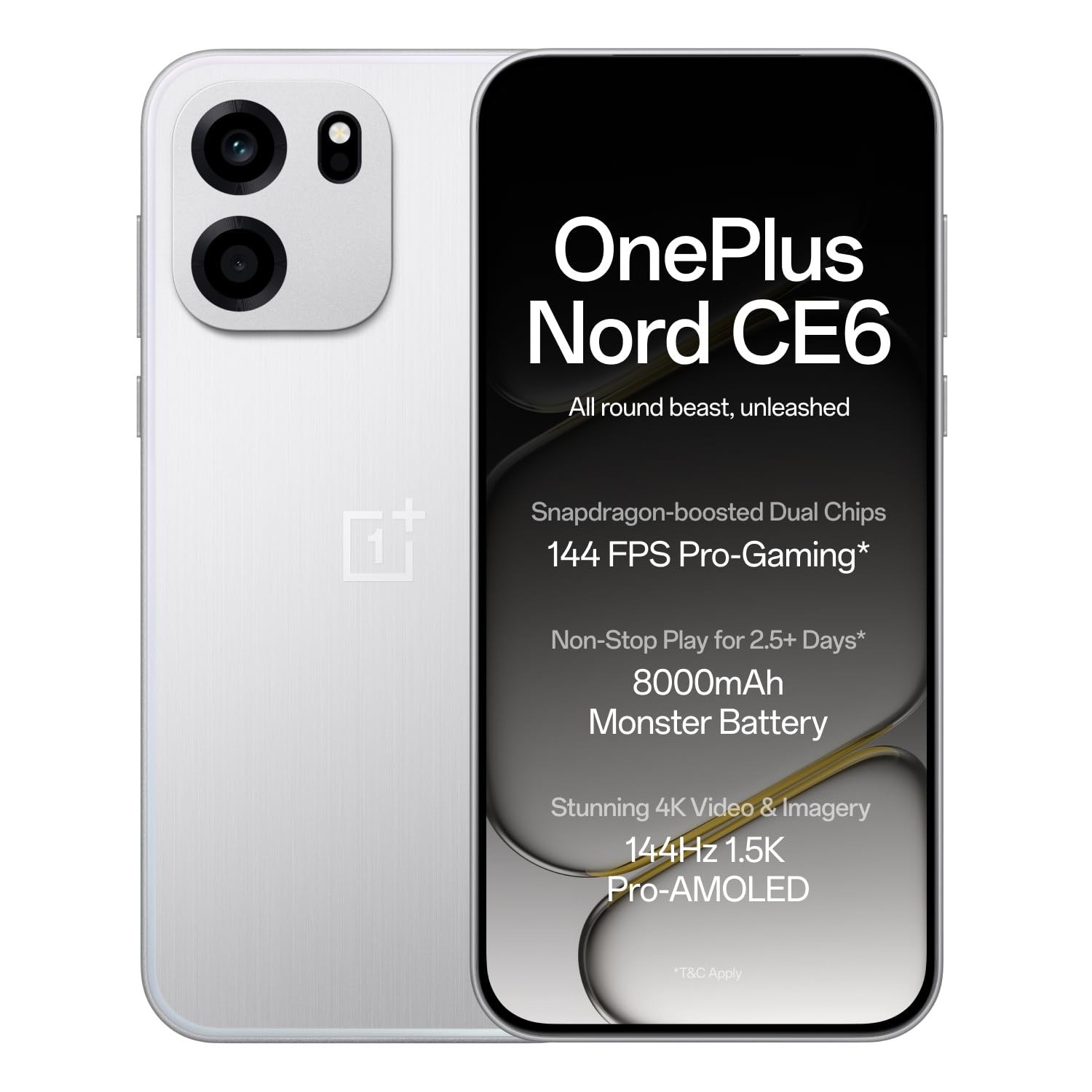 OnePlus Nord CE6 8GB256GB Lunar Pearl Snapdragon 7s Gen 4 Segments Fastest Touch Response 8000mAh Battery 144Hz 15K AMOLED Display 50MP Main 32MP Selfie 4K Cameras IP66686969K