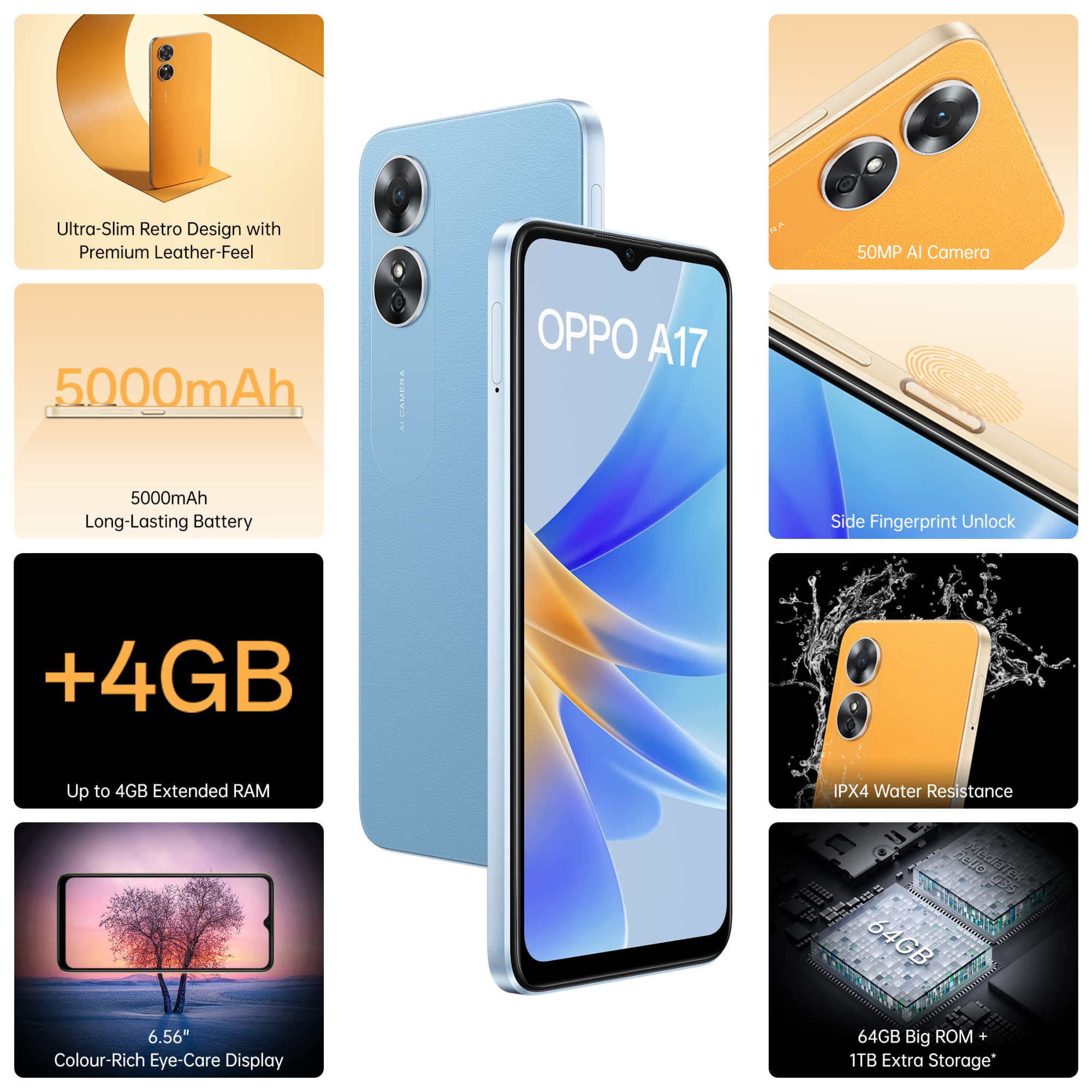 Oppo A17 Lake Blue 4GB RAM 64GB Storage with No Cost EMIAdditional Exchange Offers