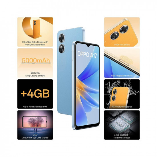 Oppo A17 (Lake Blue, 4GB RAM, 64GB Storage) with No Cost EMI/Additional Exchange Offers