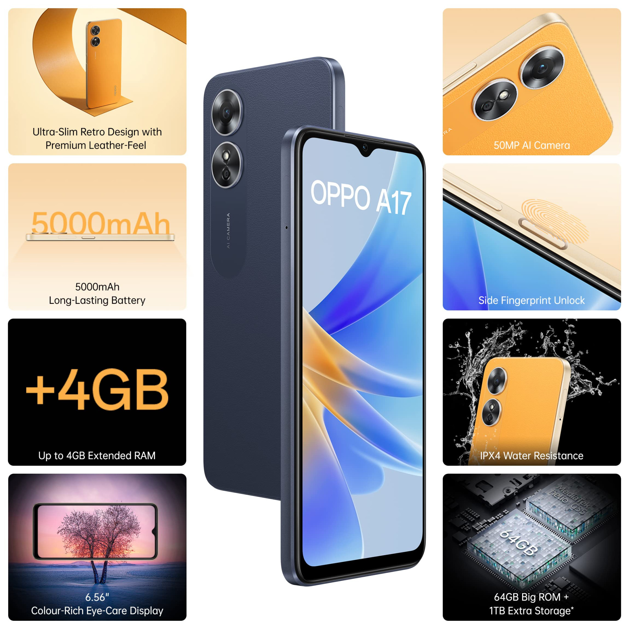 Oppo A17 Midnight Black 4GB RAM 64GB Storage with No Cost EMIAdditional Exchange Offers