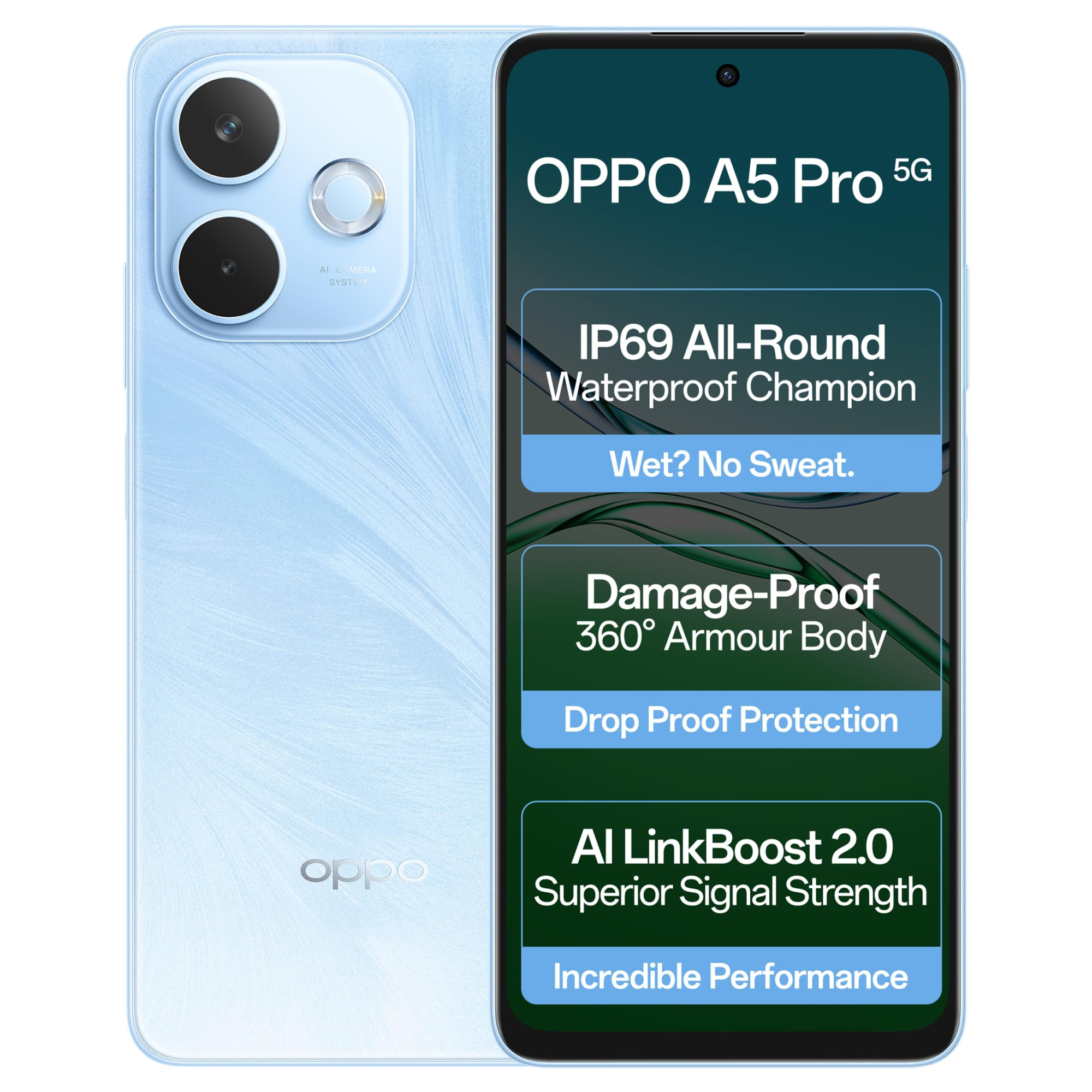 OPPO A5 Pro 5G Feather Blue 8GB RAM 128GB Storage667 HD 120Hz Refresh Rate Screen  45W SUPERVOOCwith No Cost EMIAdditional Exchange Offers