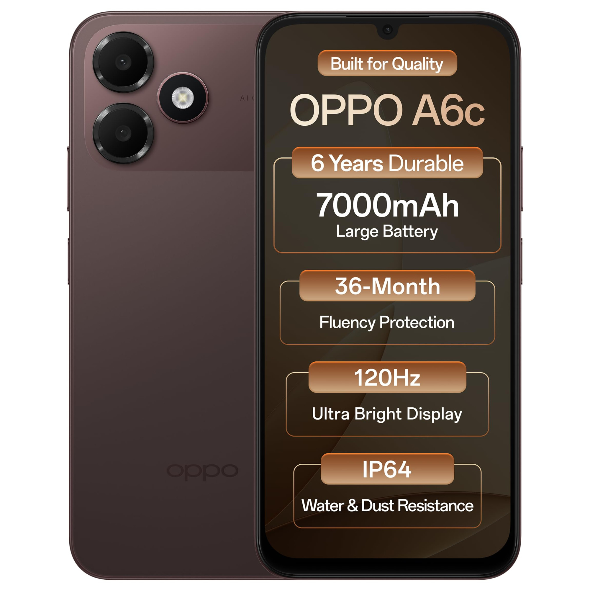 Oppo A6c 4G Stone Brown 4GB RAM 64GB Storage 7000mAh Long-Lasting Battery 120Hz Ultra Bright Display IP64 Protection 13MP Camera -with No Cost EMIAdditional Exchange Offers
