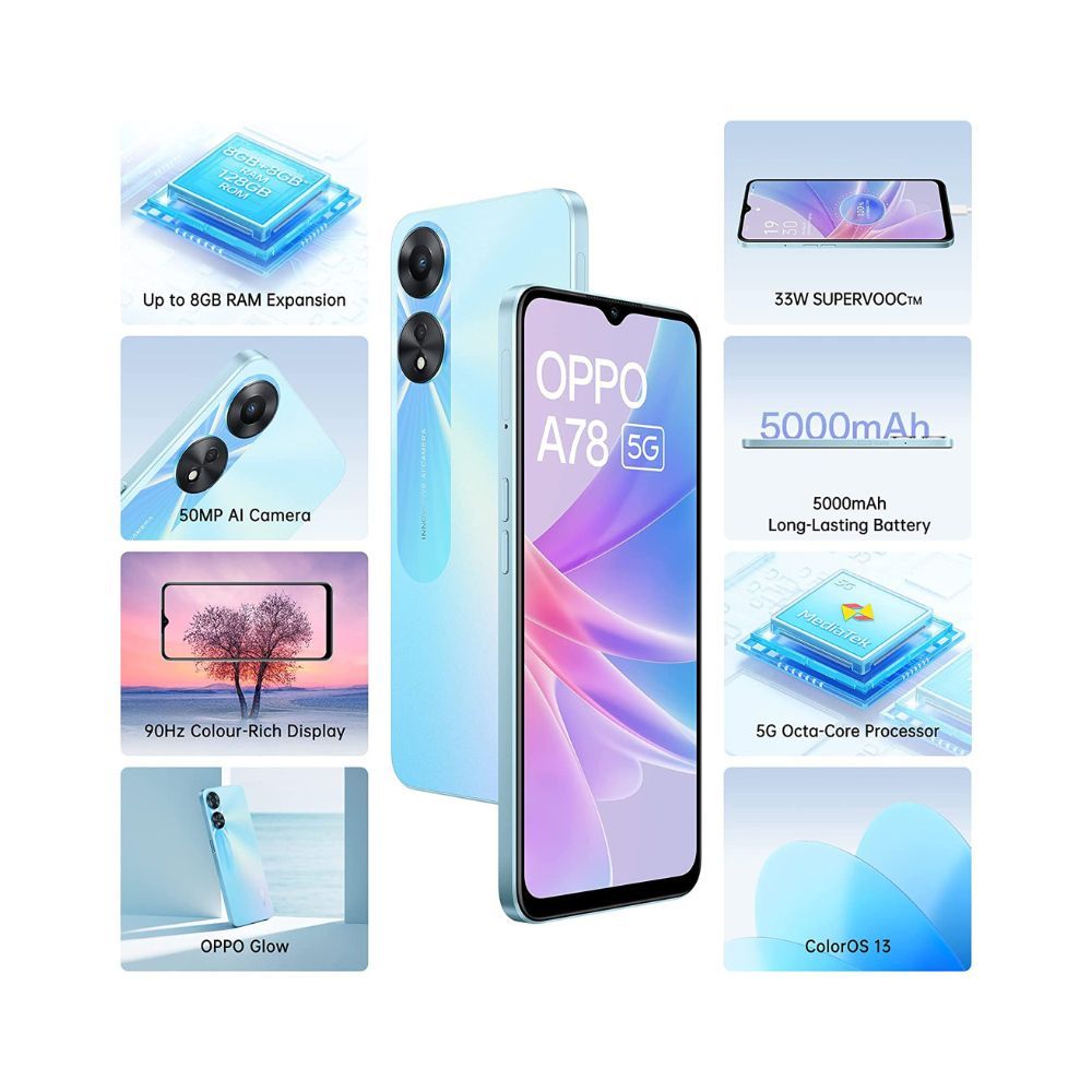 Oppo A78 5G (blue, 8GB RAM, 128 Storage) | 5000 mAh Battery with 33W SUPERVOOC Charger