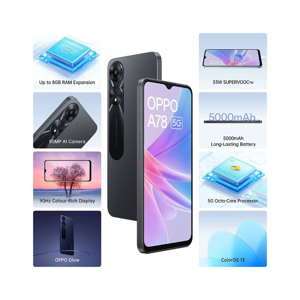Oppo A78 5G (Glowing Black, 8GB RAM, 128 Storage) | 5000 mAh Battery with 33W SUPERVOOC Charger