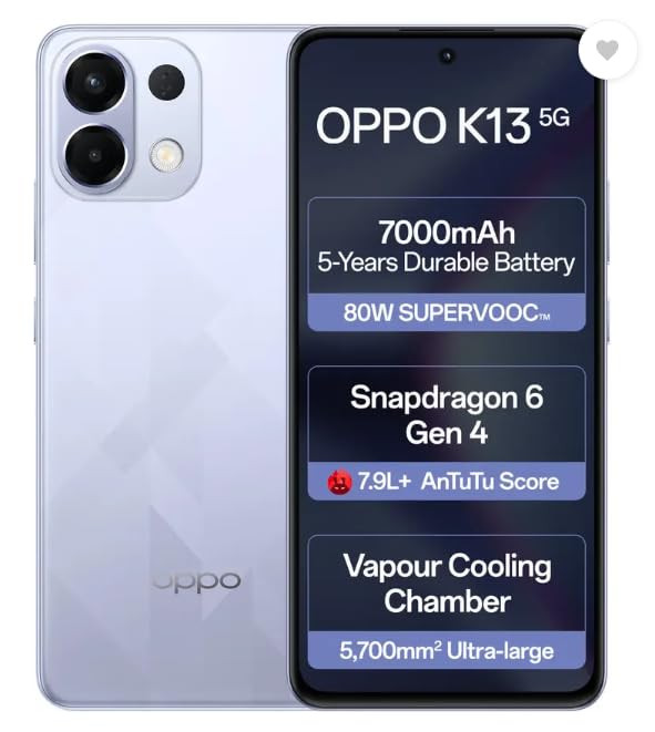 OPPO K13 5G with 7000mAh and 80W SUPERVOOC Charger in-The-Box ICY Purple 8GB 128GB