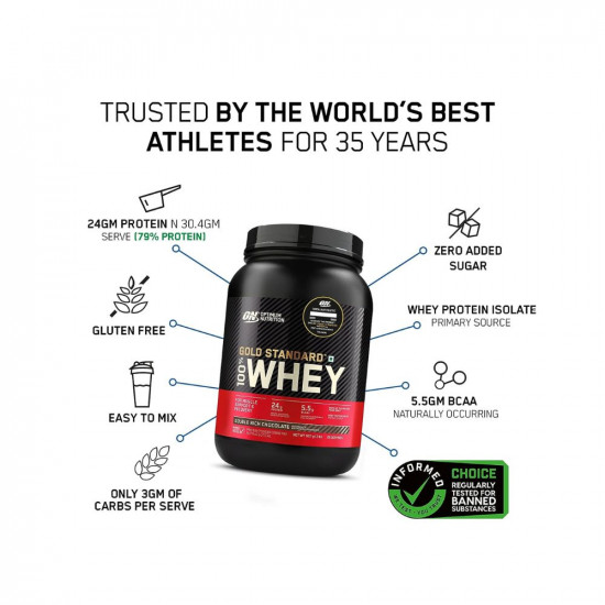 Optimum Nutrition (ON) Gold Standard 100% Whey (2 lbs/907 g) (Double Rich Chocolate) Protein Powder for Muscle Support & Recovery, Vegetarian - Primary Source Whey Isolate