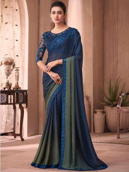 Opulent Blue Lace Embroidered Silk Party Wear Saree With Blouse(Un-Stitched)