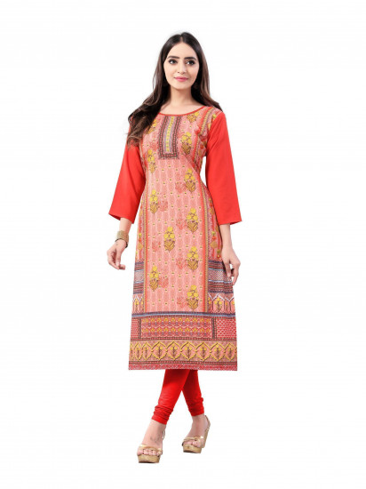 Orange Digital Floral Printed Crepe Readymade Kurti