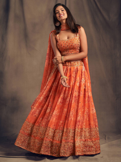 Orange Floral Embroidered Organza Wedding Wear Lehenga Choli