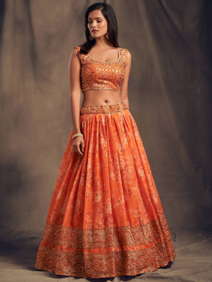 Orange Floral Embroidered Organza Wedding Wear Lehenga Choli