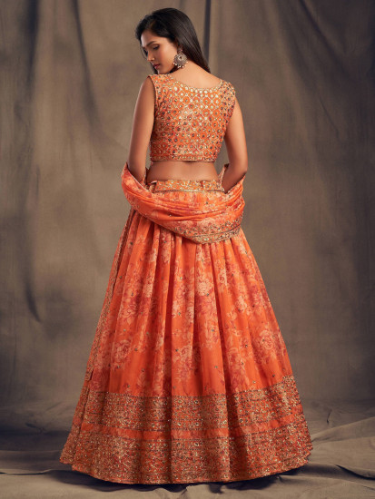 Orange Floral Embroidered Organza Wedding Wear Lehenga Choli