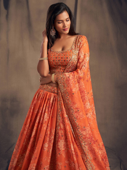 Orange Floral Embroidered Organza Wedding Wear Lehenga Choli