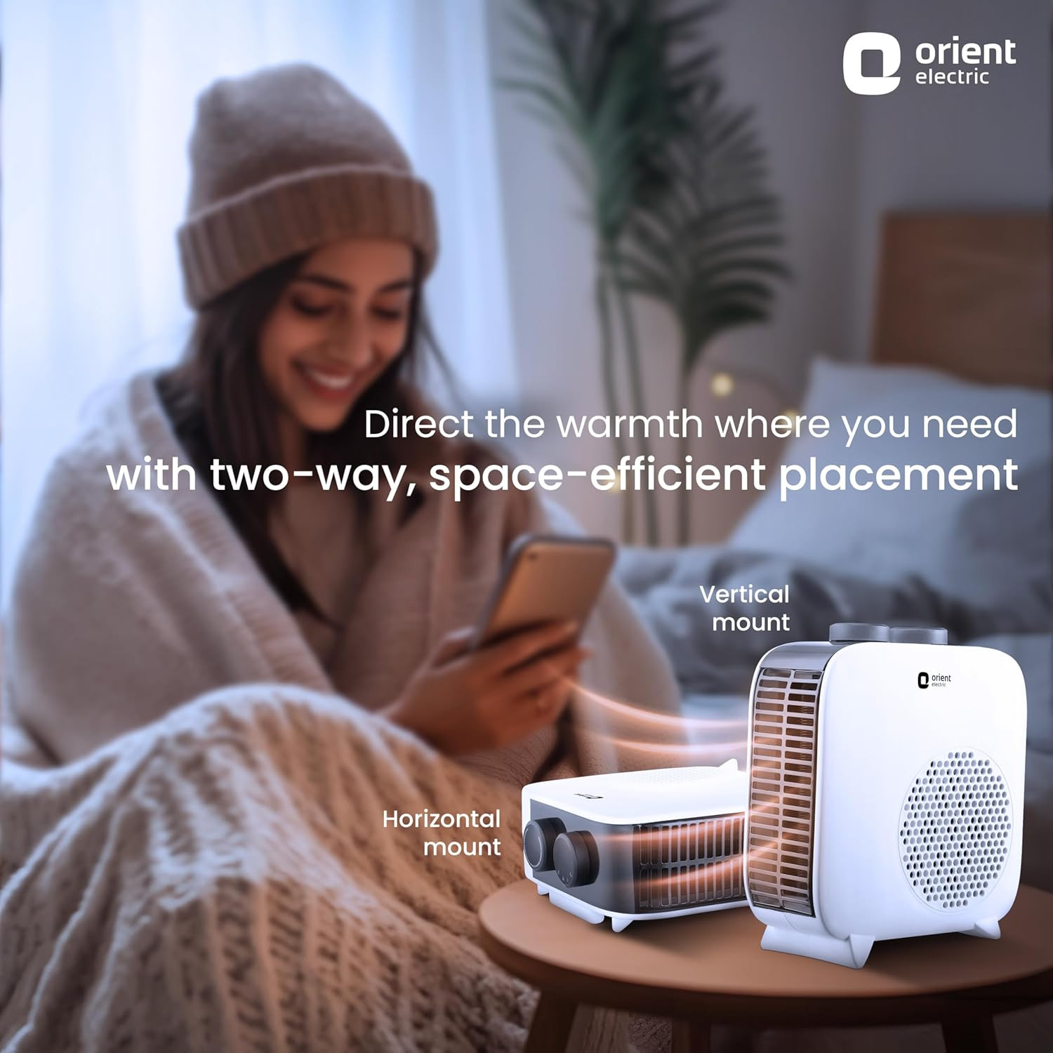 Orient Electric Glint Room Heater for Home  Dual Heating Mode 10002000 Watts  Overheat Protection  Dual Placement  5 Level Safety Protection  Electric Fan Heater for Winter  Pack of 1 - White